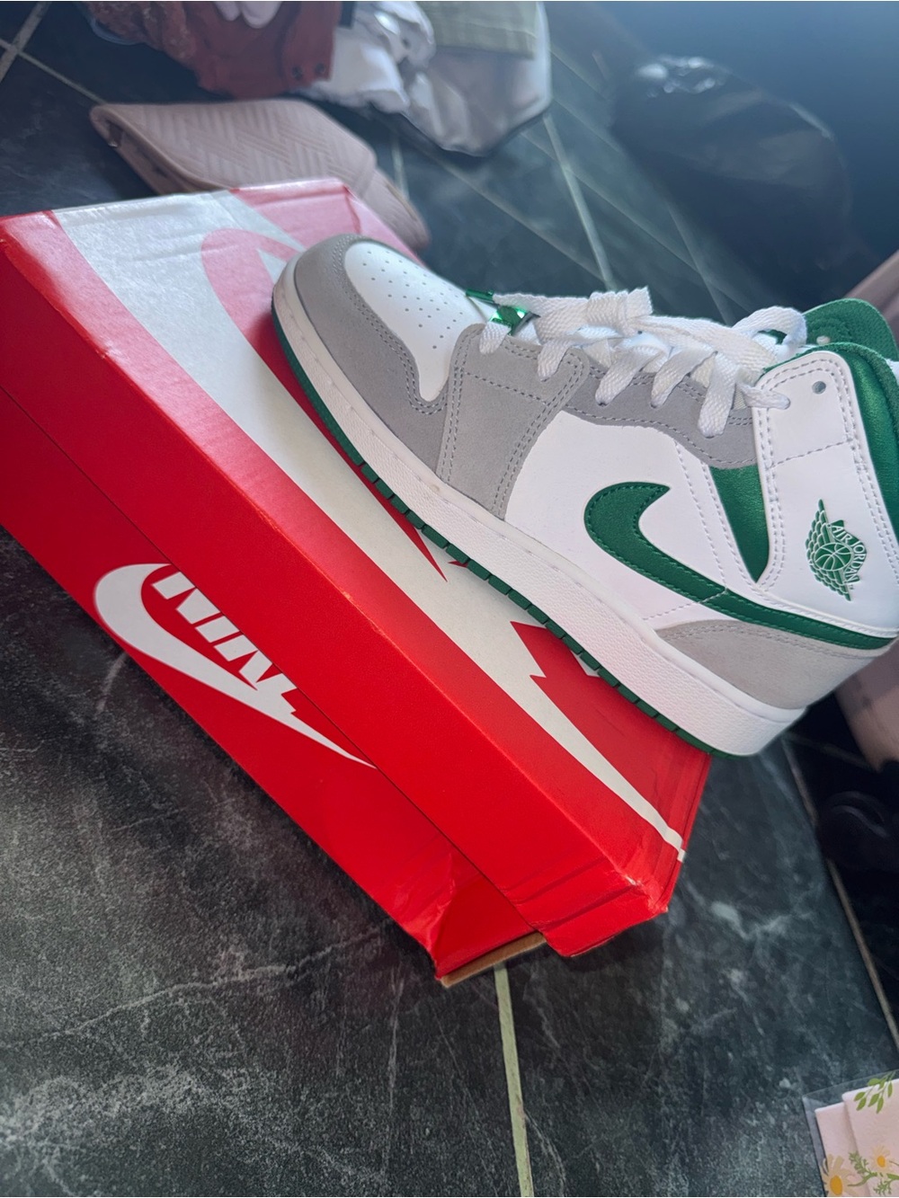 Nike Air Jordan 1 Mid White Gray Green Casual Sneakers